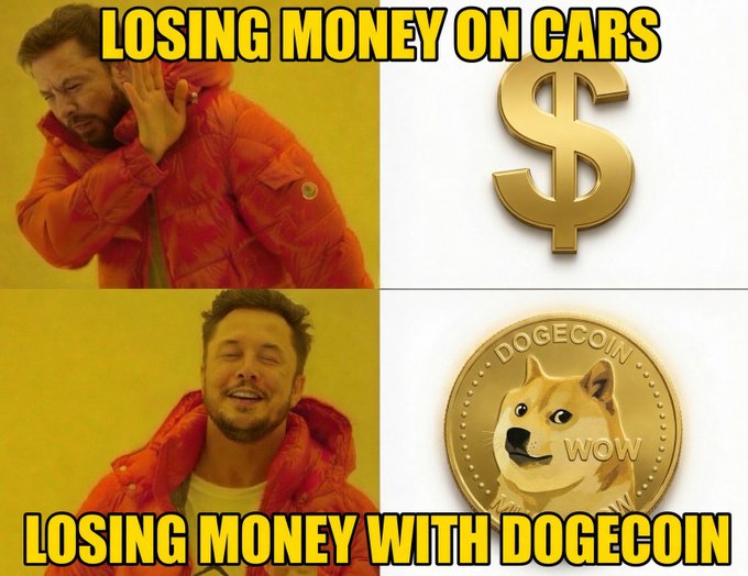 A two-panel meme featuring a man in a red jacket; the top panel labeled 'LOSING MONEY ON CARS' next to a gold dollar sign, and the bottom panel labeled 'LOSING MONEY WITH DOGECOIN' next to a gold Dogecoin.
