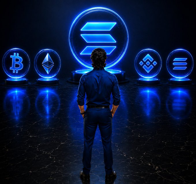 A man in a blue shirt standing with his back to the camera, facing glowing neon cryptocurrency logos including Bitcoin, Ethereum, and Solana in a dark room.