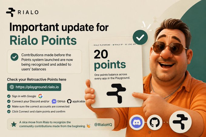 A promotional graphic for "Rialo" announcing an important update for Rialo Points, stating that contributions made before the points system launched are now recognized and added to users' balances, with instructions to check retroactive points at playground.rialo.io by signing in with Google and connecting Discord/GitHub accounts.