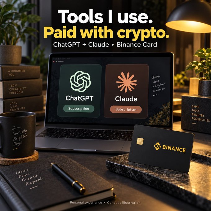 A promotional-style image titled "Tools I use. Paid with crypto." featuring ChatGPT, Claude, and Binance Card subscription logos on a desk.
