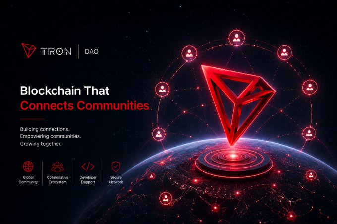 A promotional graphic for TRON DAO featuring the text 'Blockchain That Connects Communities' alongside a red glowing 3D TRON logo above Earth, connected by a network of user icons.