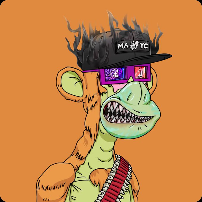 The image features an animated cartoon monkey wearing sunglasses, a hat, and carrying a gun. The monkey appears to be in a fighting stance, holding a gun in its hand. The background of the image is orange, which contrasts with the green color of the monkey's fur. There are no other objects or characters present in the image apart from the monkey itself.