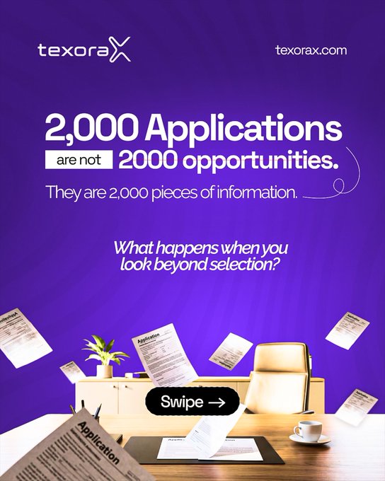 Purple promotional graphic for 'texorax.com' with the headline '2,000 Applications are not 2000 opportunities. They are 2,000 pieces of information,' featuring an image of a desk with floating application papers.