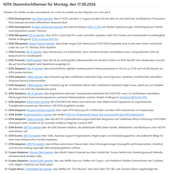 A screenshot displays a German cryptocurrency article titled "IOTA Stammtischthemen für Montag, den 17.08.2026" listing various crypto news updates.