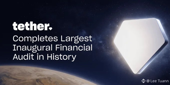 A promotional graphic against a space backdrop shows a glowing geometric shape alongside the text 'tether. Completes Largest Inaugural Financial Audit in History' with credit '@LeeTuann'.