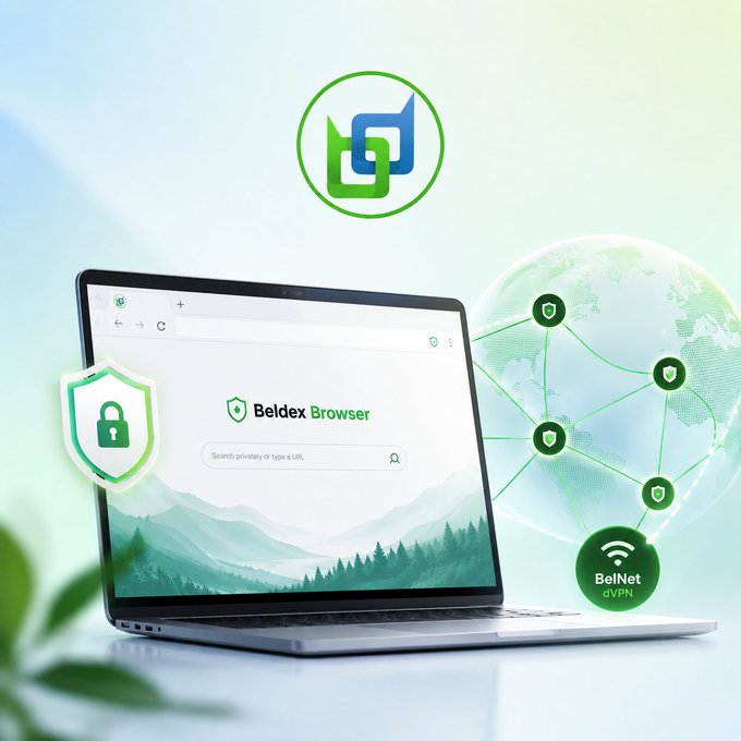 A promotional image for Beldex Browser displayed on a laptop screen, featuring a green shield logo, VPN connectivity icons, and a globe showing global network connections.
