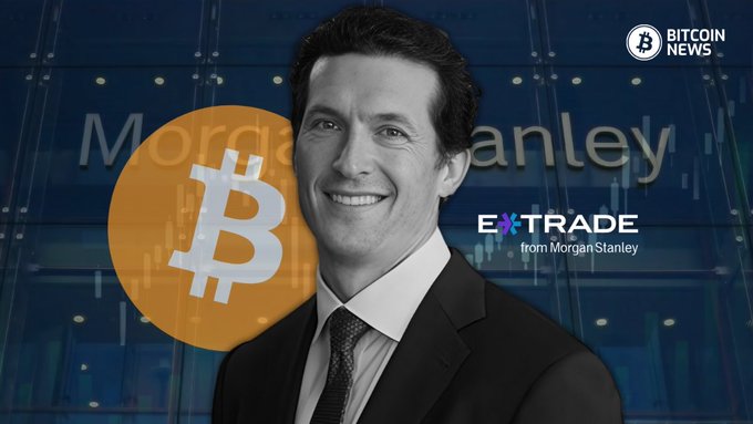 A smiling man in a suit is featured alongside a Bitcoin logo, with "Morgan Stanley" and "E*TRADE from Morgan Stanley" branding visible in the background, illustrating the article about Morgan Stanley's addition of 1,000 BTC to its Bitcoin Trust as U.S. spot Bitcoin ETFs returned to net inflows.