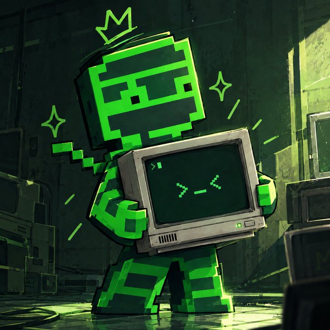 A pixel-art green robot with a crown holds a CRT monitor displaying ">_<" and a small prompt symbol, set in a moody, tech-filled industrial space. The image reinforces the post's theme of public contract auditing by personifying transparency through a playful, open-source-style character inviting scrutiny of code.