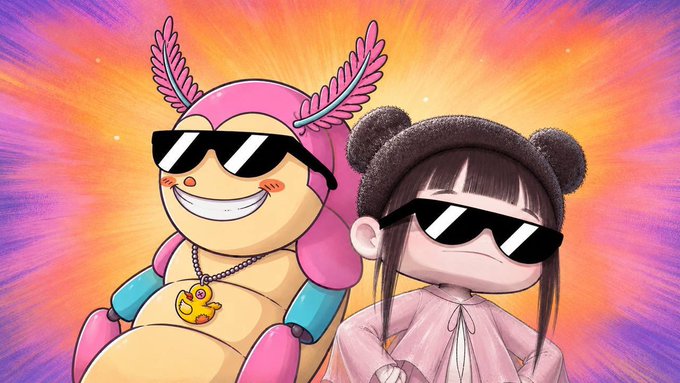 A vibrant cartoon image showing two characters—a pink bear-like figure with feathered headwear and a bear-eared girl—both wearing oversized sunglasses and grinning confidently against a radiating orange and pink burst background, reflecting the upbeat yet skeptical tone of the post questioning whether newly added partners like "PP" to Unvault's phase 1 will receive genuine benefits beyond minting privileges.