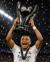Kylian Mbappé in a white Real Madrid jersey lifts a 'Stake' branded trophy in celebration.