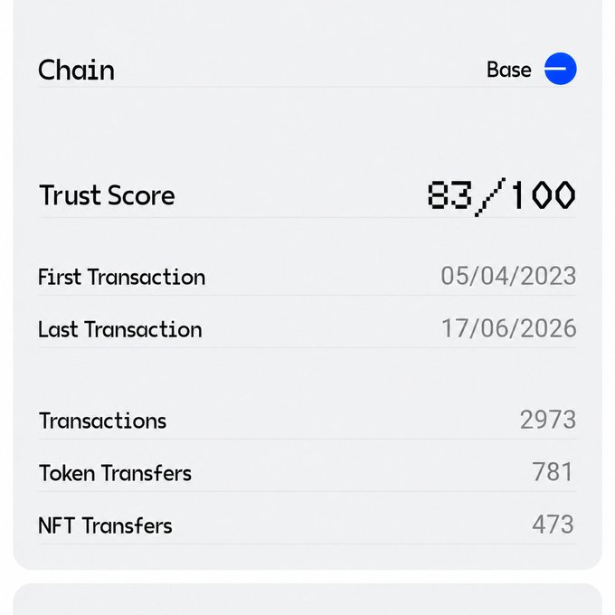 The image shows a list of transactions or activities related to base building, including trust scores (83/100) and transaction counts (7973). It appears that a base builder has recently opened their account with the app developer. By reviewing the transaction history in the image, the user can gain insights into how their base activity is being managed by the app's built-in system or analyze any potential issues affecting their progress towards building a strong foundation for their currency.