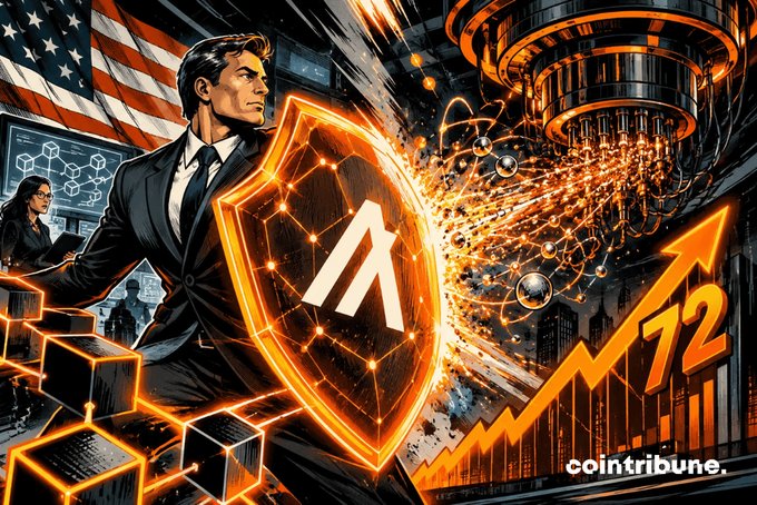 Stylized Cointribune illustration depicting a businessman in a suit wielding a glowing shield with the Avalanche (AVAX) logo, defending against an industrial machine while an upward trending chart with '72' appears on the right.
