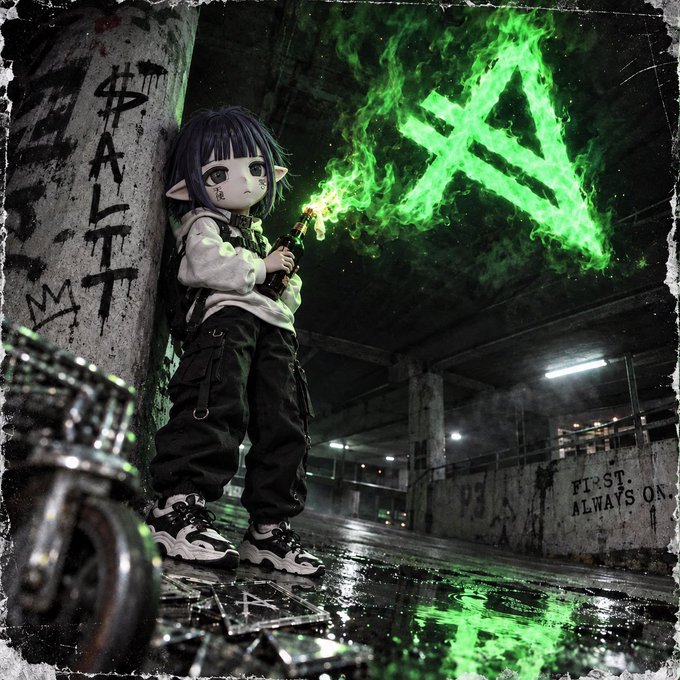 Anime-style illustration of a gothic character with pointy ears holding a glowing green weapon that emits smoke forming a triangle symbol, standing in a dark urban underpass with graffiti reading '$ALT' and 'FIRST ALWAYS ON'.