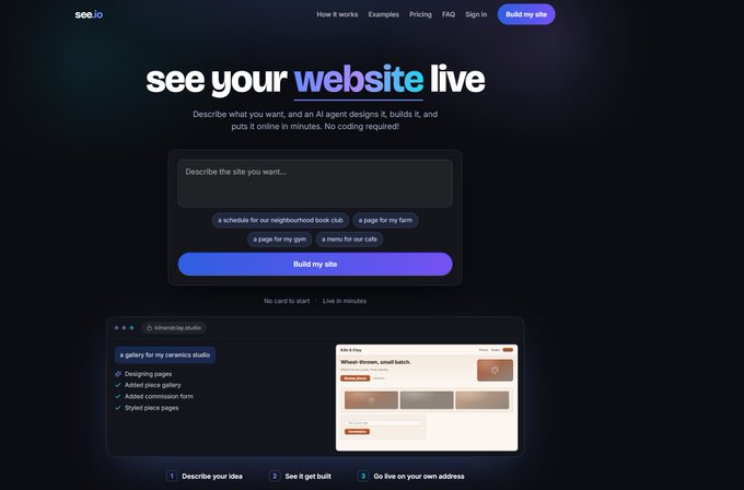 The homepage of see.io, an AI website builder, with the tagline "see your website live" and a prompt box offering example site ideas.