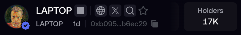 A dark-themed token display showing 'LAPTOP' cryptocurrency with a Vincent van Gogh self-portrait style image, displaying '17K' holders and a partial wallet address '0xb095...b6ec29'.