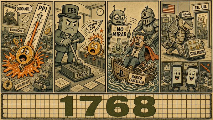 A vintage-style illustrated infographic divided into four comic panels depicting financial/economic themes (PPI/Liquidations, Fed/CPI, No Mirar/Barco Cancelado, and USD/EU/Stablecoins), with the number "1768" displayed prominently at the bottom.