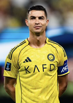 A photo of soccer player Cristiano Ronaldo wearing a yellow Al-Nassr FC jersey with 'KAFD' as the shirt sponsor.