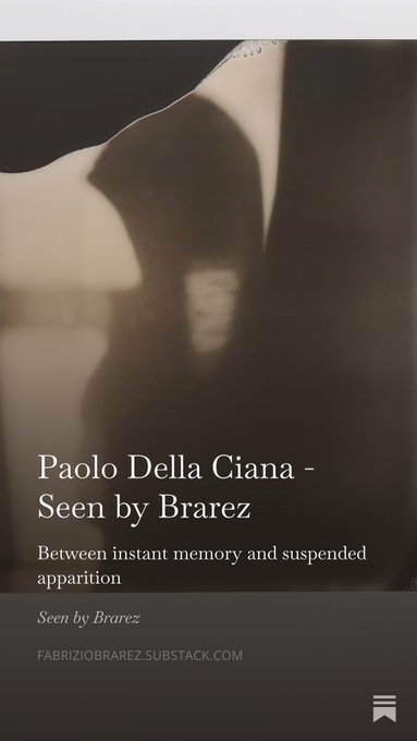 The image features a close-up of a book cover titled "Paolo Della Ciana – Seen by Braez" with a black border, white letters, and small print. The post's description reads "This article was written on @TezosArtBySubstacker.com on Thursday the 26th, at exactly 3:50 PM".