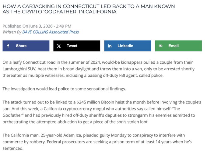 In the image, there's an article about a man who was involved in a Bitcoin-related crime back in California. The article discusses the incident, which seems to be linked to a man known as "Adam Iza", who had attempted to rob someone using Bitcoins and a Lamborghini car. Unfortunately for him, his plan was foiled by authorities due to his involvement in a federal case of attempted kidnapping, along with other charges such as attempted robbery and money laundering. This story demonstrates the complex nature of financial crimes that can unfold across borders and jurisdictions, highlighting the importance of international cooperation in combating transnational criminal activities.