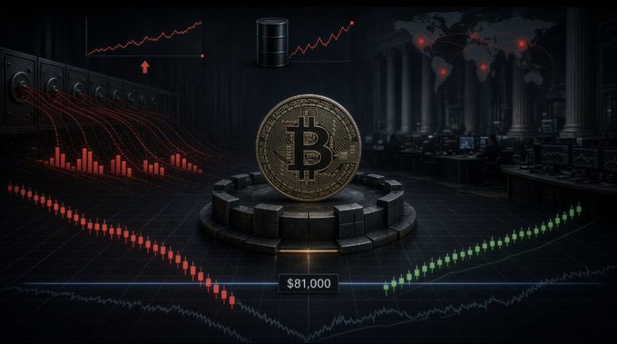 Cryptocurrency graphic featuring a large Bitcoin coin on a gear platform with red and green candlestick charts and the price "$81,000" displayed below.