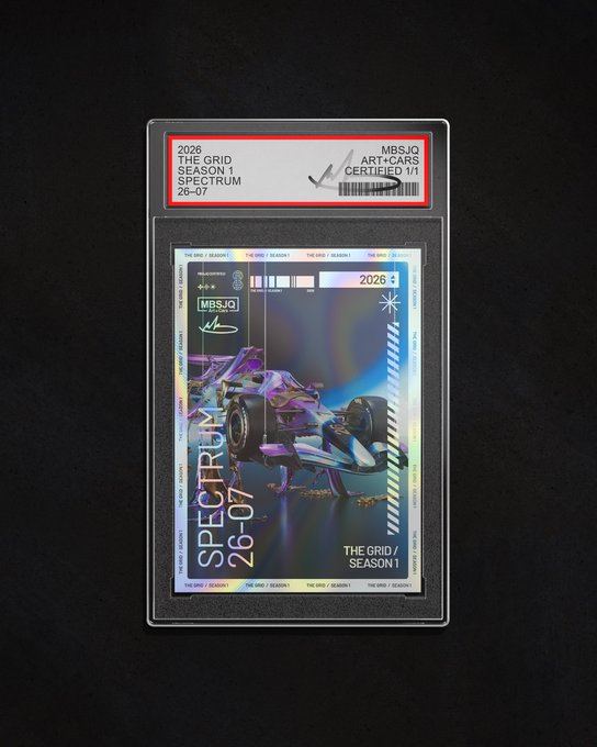 A holographic trading card featuring a Formula 1 car with 'THE GRID SEASON 1 SPECTRUM 26-07' and 'MBSJQ' branding, displayed in a graded slab with a certificate label.