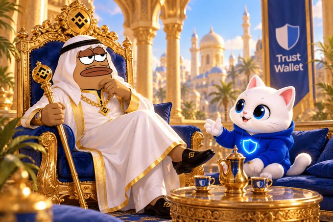 Digital illustration in the style of 'Trust Wallet' featuring a Pepe-style frog sheikh on a golden throne next to a cartoon cat mascot, with Binance logos.