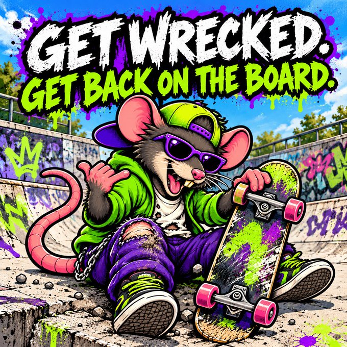 A vibrant cartoon illustration of a mouse wearing a green cap, sunglasses, and a green hoodie, holding a skateboard with the text 'GET WRECKED, GET BACK ON THE BOARD.'
