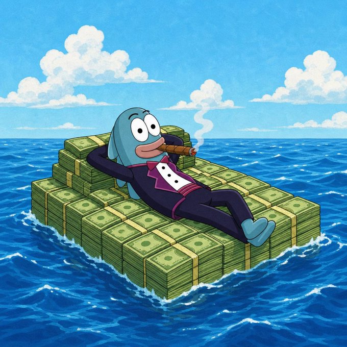 An illustration of a fish-like character wearing a tuxedo lounges on stacks of money in the ocean while smoking a cigar.