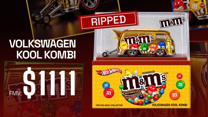 A collectibles listing showing a Hot Wheels Volkswagen Kool Kombi M&M's model with the price '$1111 FMV' and a red 'RIPPED' label.