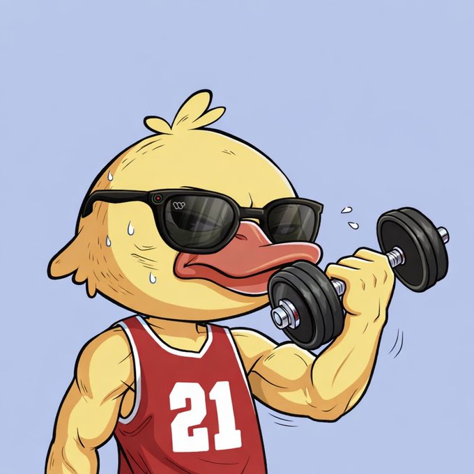 The image features a cartoon duck wearing sunglasses and a red jersey with the number 21 on it, lifting weights as part of its workout routine. The duck's muscles are clearly visible, showcasing its dedication to fitness. The post about Wallchain emphasizes the importance of perseverance in the face of challenges or failures, which can be applied to various aspects of life beyond just fitness.