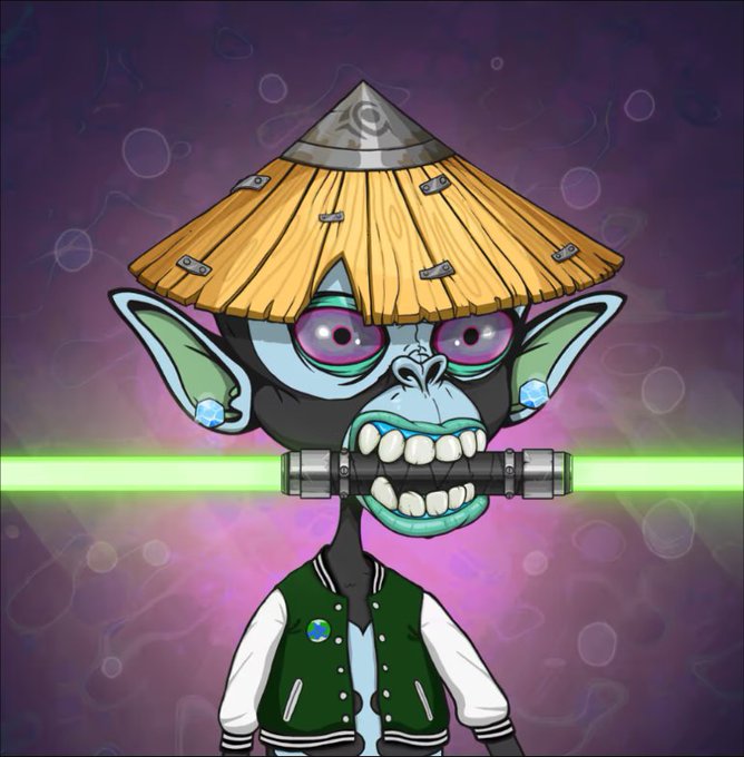 A cartoon goblin-like character wearing a conical straw hat and green varsity jacket holds a glowing green lightsaber against a purple background.