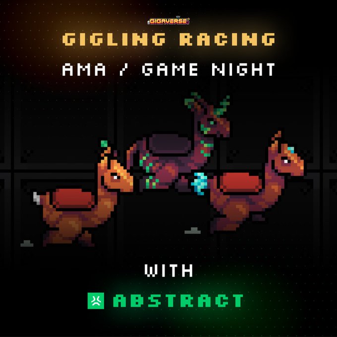 The image features three cartoon horses, each with different colors - brown, green, and red. They are standing next to each other against a black background. The text "Gigling Racing Ama & Game Night" is displayed above them, indicating that they are participating in an event related to gaming or racing. The post also mentions the hashtag "#abstractchain", which could be a social media account or a group dedicated to discussing and sharing abstract art or ideas.