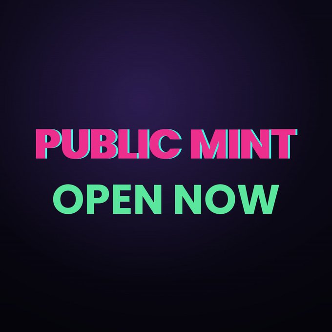 A bold, eye-catching graphic with a dark purple background displays the text "PUBLIC MINT OPEN NOW" in vibrant pink and mint green lettering, with a chromatic glitch effect on "PUBLIC MINT." The design visually amplifies the announcement of the public mint being available, aligning with the post's details about 2356 minted tokens, 4241 wallets, and over 6000 remaining.