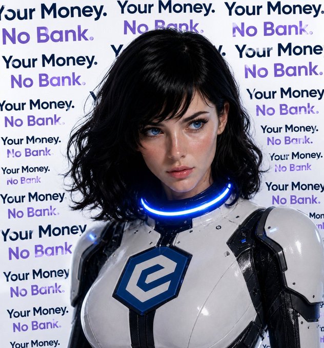 A futuristic AI-generated image features a dark-haired woman in a white robotic suit with a glowing blue collar, overlaid with the repeating text 'Your Money. No Bank.'