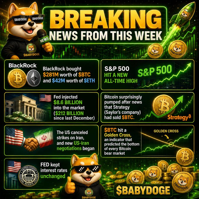 A crypto news graphic titled "BREAKING NEWS FROM THIS WEEK" features a Shiba Inu mascot and highlights key headlines, including BlackRock's purchase of $281M in BTC and $42M in ETH, the S&P 500 reaching an all-time high, the Fed injecting $8.6 billion into the market ($212B since December), and Bitcoin's rally after rumors that Strategy (Saylor's company) had sold BTC, with $BTC also forming a Golden Cross.