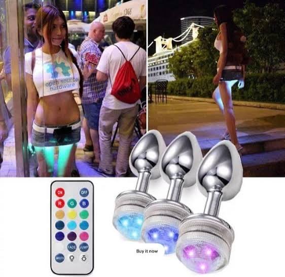 An advertisement collage shows women wearing LED-illuminated shorts alongside the product and its remote control, labeled 'Buy it now'.