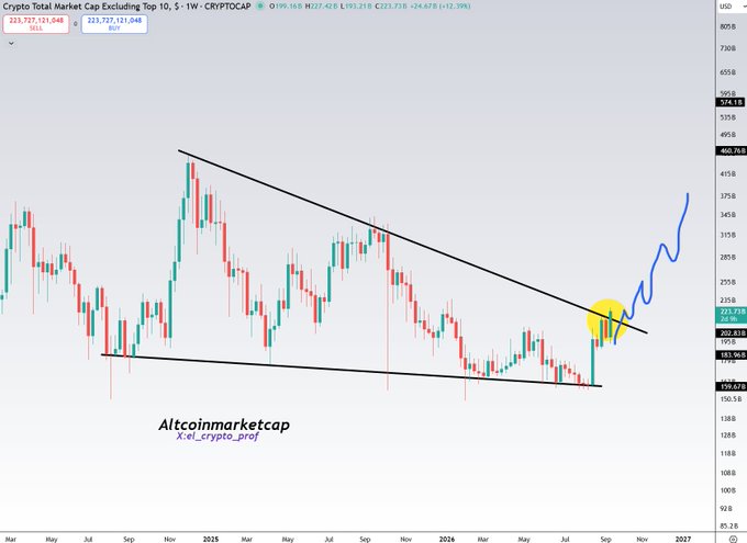 A cryptocurrency chart titled 'Crypto Total Market Cap Excluding Top 10, 5 - 1W - CRYPTOCAP' showing a breakout pattern with an upward blue arrow, labeled 'Altcoinmarketcap' and 'X:@Lcrypto_prof'.
