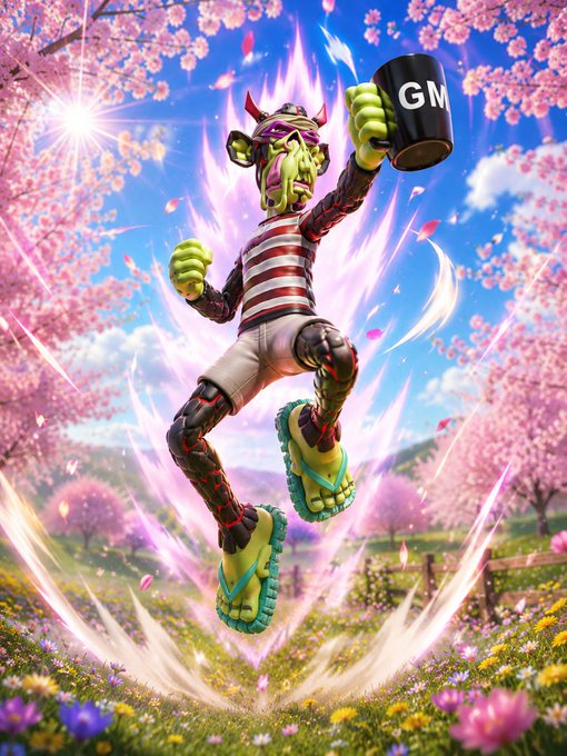 A green-skinned orc-like figure in a striped shirt and flip-flops leaps dynamically in a cherry blossom meadow, surrounded by a pink energy aura and holding a black mug labeled "GM".