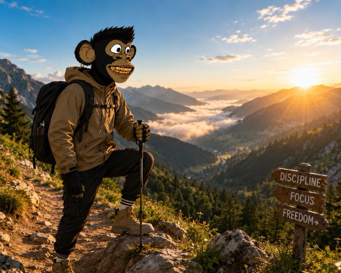 An AI-generated image depicts a figure wearing a chimpanzee mask and a backpack, hiking up a mountain trail with a walking stick beside a wooden sign reading "DISCIPLINE," "FOCUS," and "FREEDOM," with a sunset over a valley in the background.