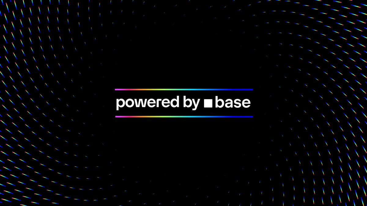 The image features a sleek, dark background with a colorful, rainbow-gradient pattern radiating from the edges, centered with the text "powered by ■ base" framed by two rainbow gradient lines. This visually represents the "Powered by Base" branding, highlighting the series showcasing businesses and institutions shaping the future of finance, set to launch tomorrow.
