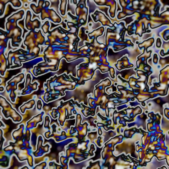 An abstract psychedelic pattern featuring interconnected blob-like shapes outlined in white against a multicolored blue, brown, and purple background.