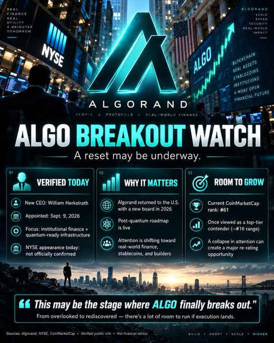 A promotional graphic titled 'ALGO BREAKOUT WATCH' for Algorand (ALGO), mentioning 'New CEO: William Harkerath', 'Appointed: Sept. 9, 2026', and noting its CoinMarketCap rank of #61.