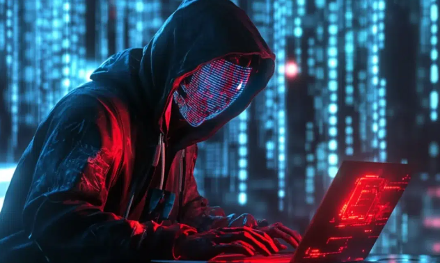 A stylized digital art image of a hooded hacker wearing a glowing red LED mask, typing on a laptop with red illumination against a futuristic blue city background.