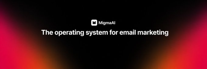 Dark banner with red gradient edges displaying the MigmaAI logo and the tagline 'The operating system for email marketing.'