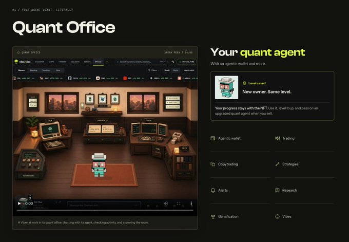 A webpage screenshot for 'Quant Office,' a crypto trading platform, featuring a 3D isometric office scene with monitors and an agent character, alongside features like 'Agentic wallet,' 'Trading,' and 'Copytrading.'