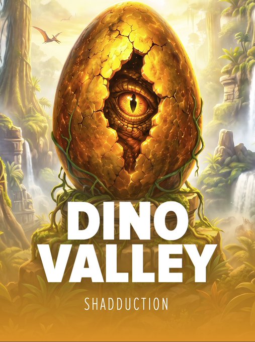A promotional graphic for "Dino Valley" by Shadduction features a cracked golden dinosaur egg with a reptilian eye peering out, set against a prehistoric jungle backdrop with waterfalls and a pterosaur. Bold white text reads "DINO VALLEY" with "SHADDUCTION" below, teasing the slot game's features including free spins, expanding wilds, and wins up to 7,500x.