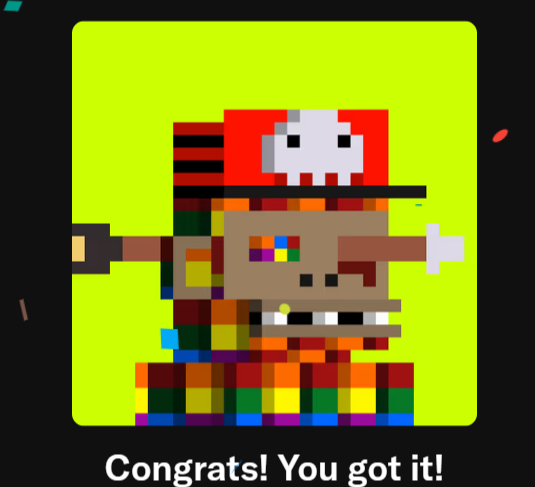 A pixelated figure with a red hat featuring a skull, a wide grin, and chaotic multicolored patterns stands against a bright neon green background, with the caption "Congrats! You got it!" displayed below. The image appears to be a playful, meme-like NFT-style artwork, fitting the post's humorous tone about an overhyped digital collectible.