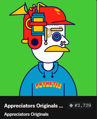The image features a cartoon character wearing a blue hoodie with yellow letters, giving off an artistic vibe. The character has a red hat and a face painted with various designs, making them look unique and creative. The background of the image is green, which contrasts nicely with the colorful character. The post includes text that reads "Appreciators Originals ... GM to all the builders! I am pathetic when it comes to that as I have zero building skills! This is why I got this @Appreciators_IO Originals NFT!".