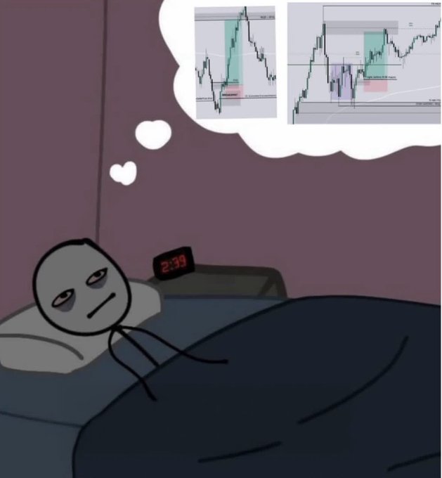 Cyanide and Happiness style cartoon of a stick figure lying in bed at night (clock shows 2:39), unable to sleep with a thought bubble showing trading chart patterns instead of dreaming.