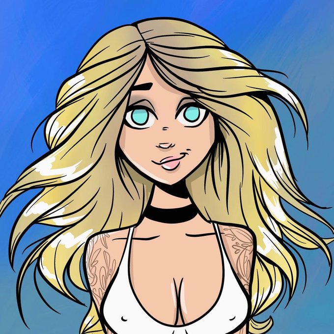 A stylized anime-style illustration of a blonde woman with teal eyes wearing a white top and black choker against a blue background.